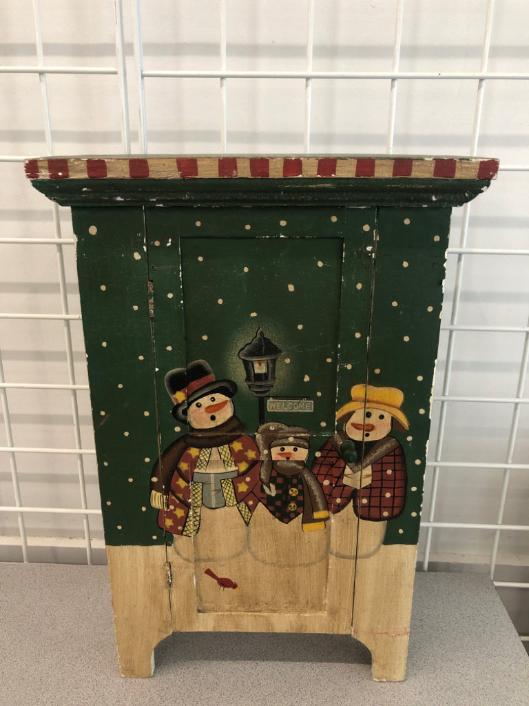 SNOWMAN PAINTED SMALL WOOD CABINET.