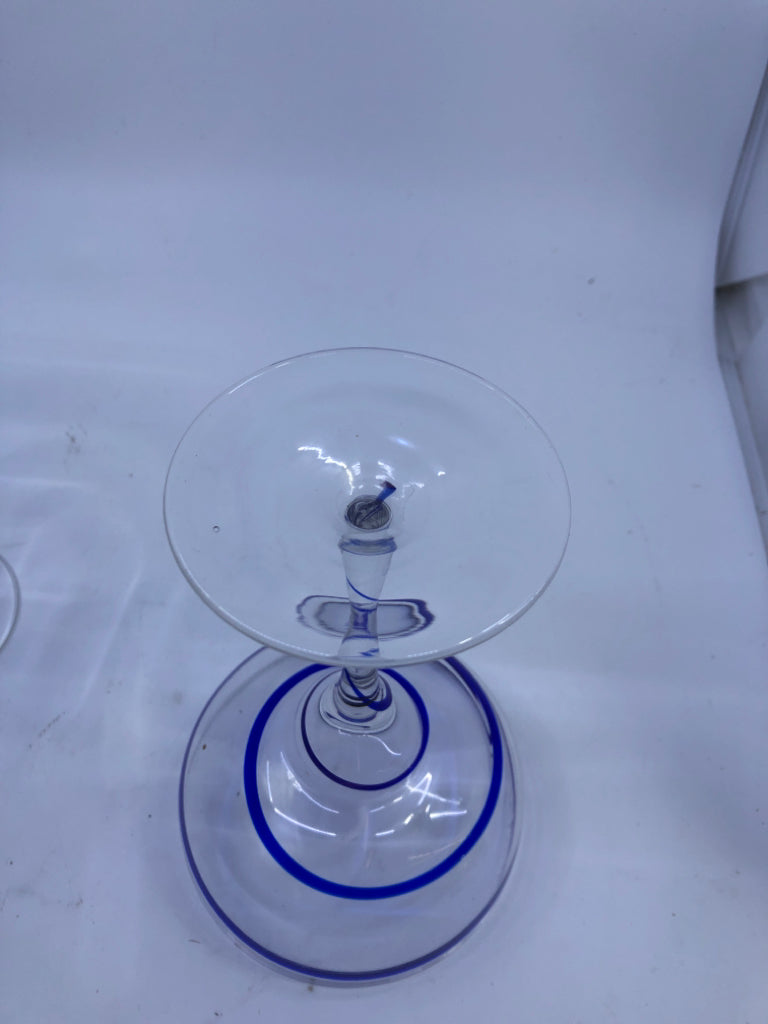 2 MARGARITA GLASSES W/ COBALT BLUE SWIRL.