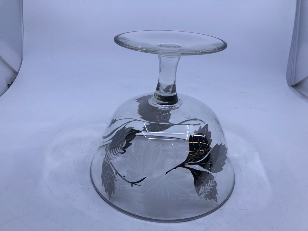 VTG FROSTED LEAF PATTERN FOOTED DISH W SILVER ACCENTS.