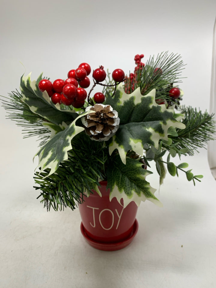 RAE DUNN RED JOY PLANTER W/ WINTER BOUQUET.