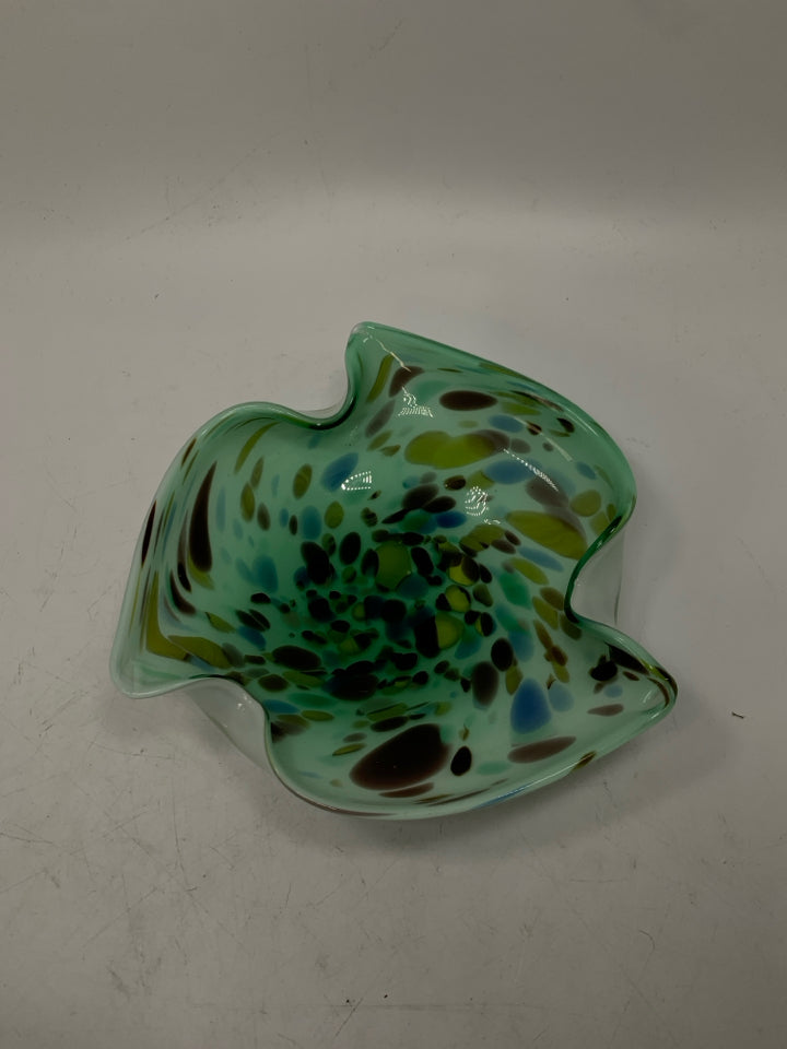 TEAL ABSTRACT BLOWN GLASS CATCH ALL BOWL W/ COLORED SPECKLES.