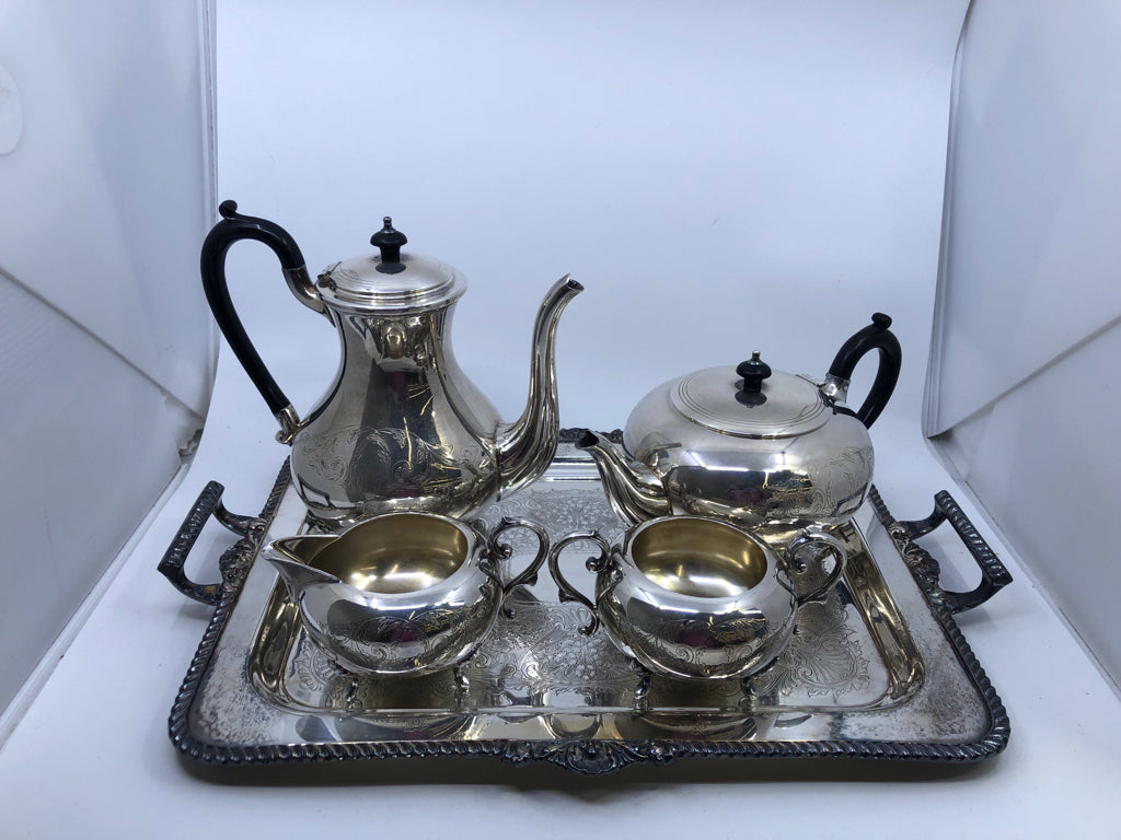 5PC VTG TEA SET- TEAPOT, COFFEE POT, TRAY, CREAM, SUGAR- WM MOUNT.