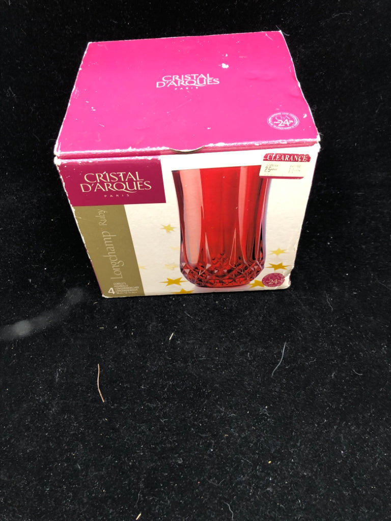 NIB 4 RED CRYSTAL GLASSES.