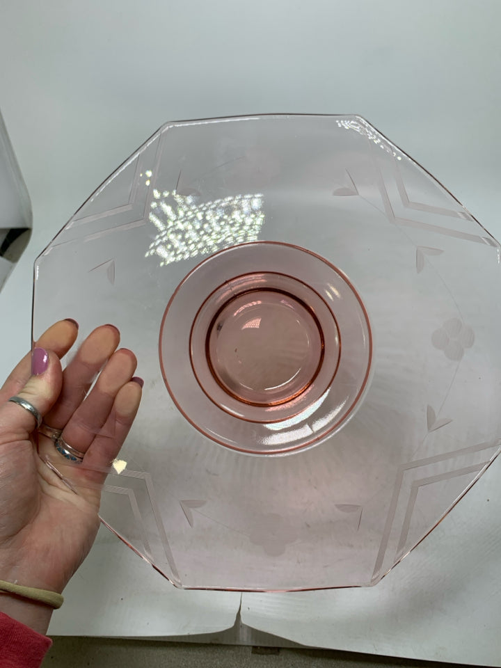 FOOTED PINK VTG GLASS W/ ETCHED FLOWERS.