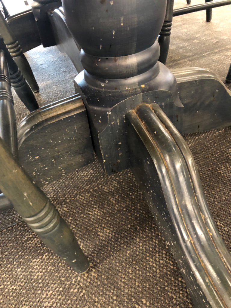 WOOD & SLATE BLUE TABLE W/8 CHAIRS & 2 LEAVES INSIDE.