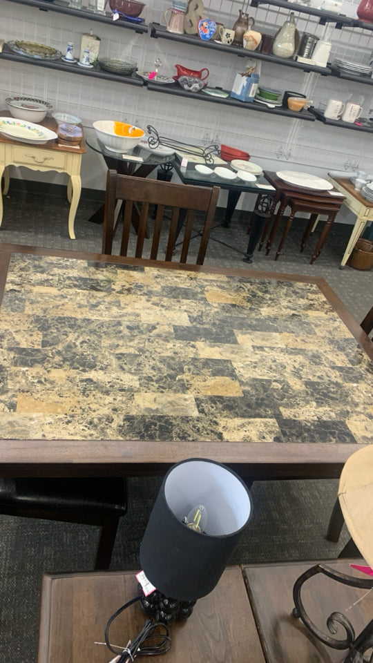 DARK WOOD DINING TABLE W/FAUX MARBLE TOP AND 4 DARK WOOD CHAIRS W/FAUX LEATHER S