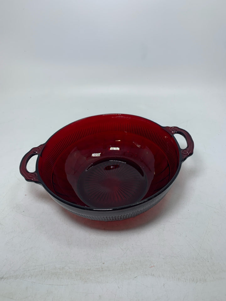 VTG DARK RED GLASS BOWL W/ HANDLES.