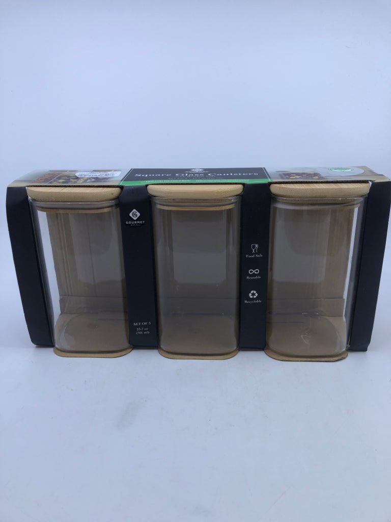 NIP SQUARE GLASS CANISTERS W/BAMBOO LIDS.