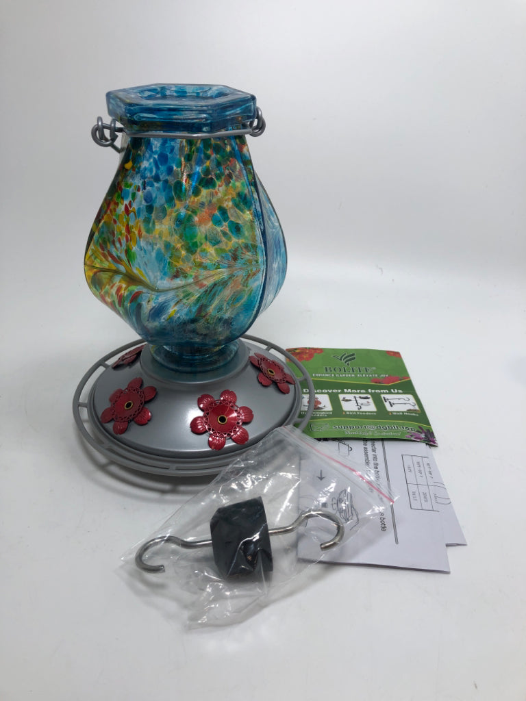 BLUE BLOWN GLASS HUMMINGBIRD FEEDER W/BAG OF ATTACHMENTS.