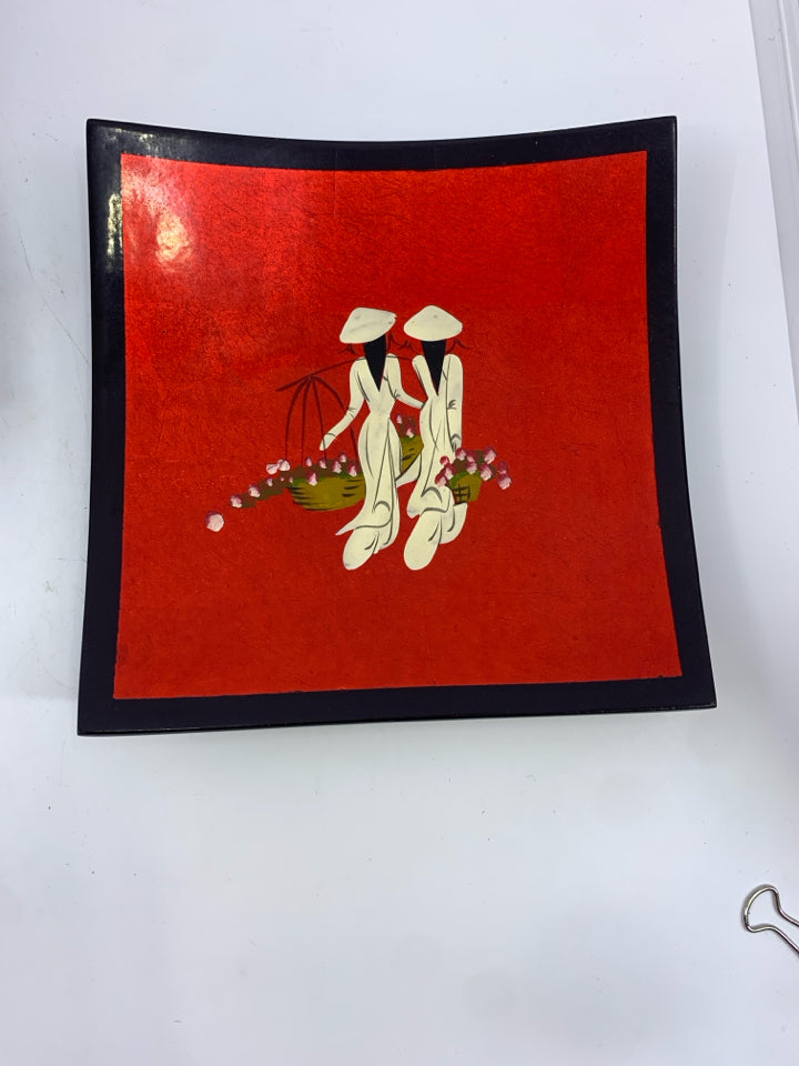 3 RED SQUARE DELICATE PLATES W 2 WOMEN WALKING.