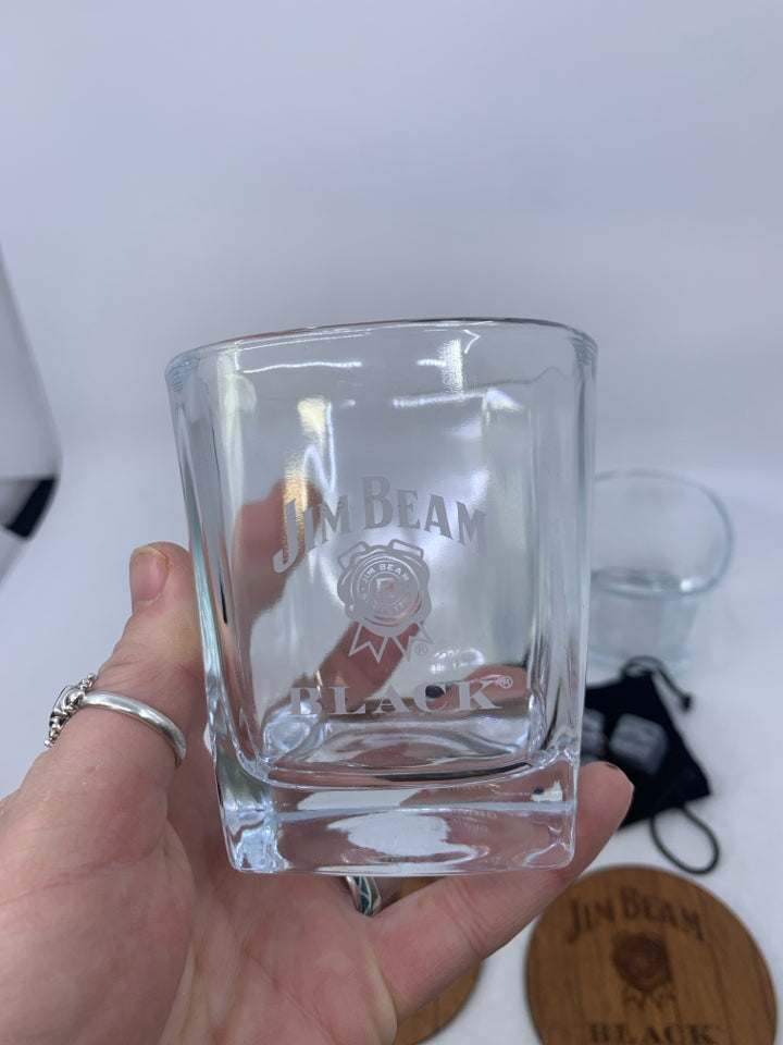 5 PC JIM BEAM GLASSWARE SET W/ COASTERS/WHISKEY STONES IN BAG.