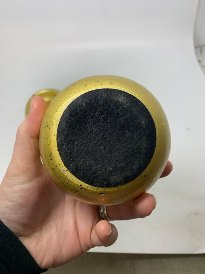 2 GOLD SPHERE TEXTURED TAPERED CANDLE HOLDERS.