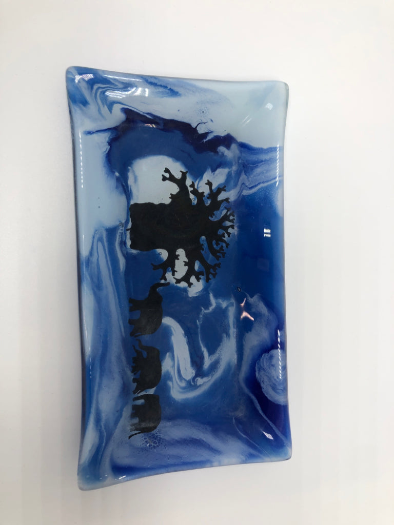 FUSED BLUE GLASS TRAY W/ELEPHANTS.