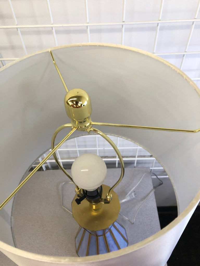 PEARLESCENT BLUE BASE LAMP W/WHITE SILK SHADE.