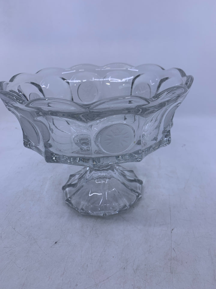 HEAVY FOOTED CLEAR GLASS PEDESTAL BOWL W/ PRESSED COIN LOOK.