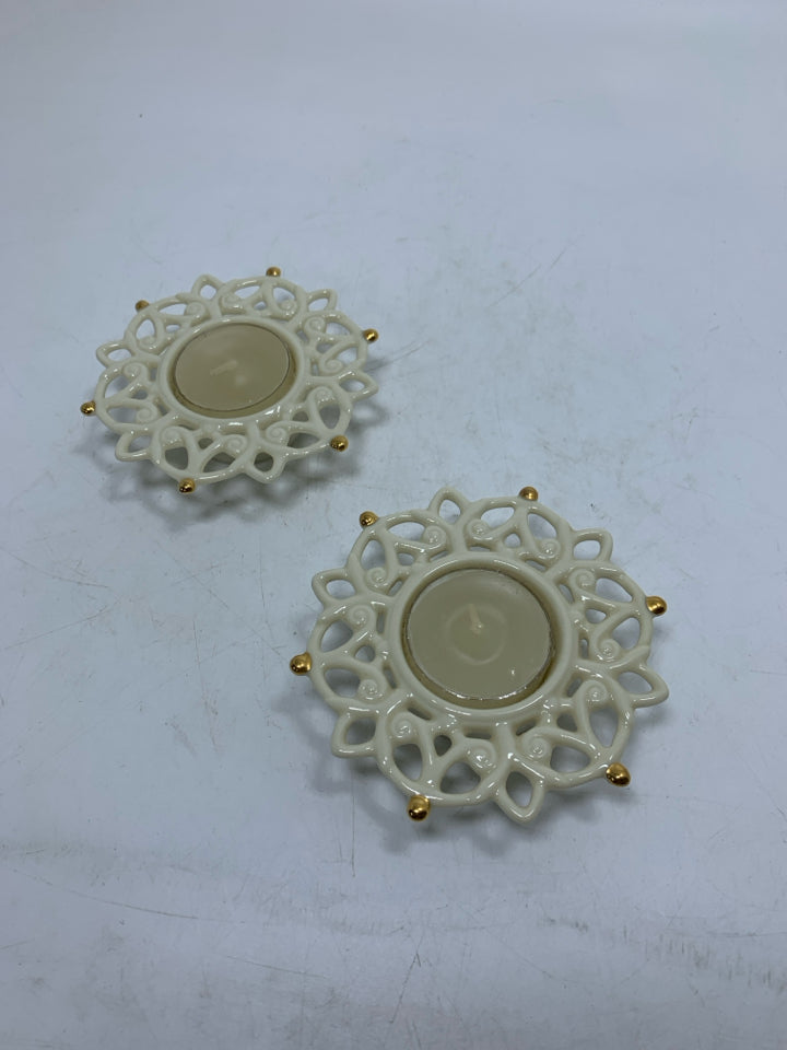 2 "SHINE" SNOW LIGHTS TEALIGHT CANDLE HOLDERS W/ CANDLES.