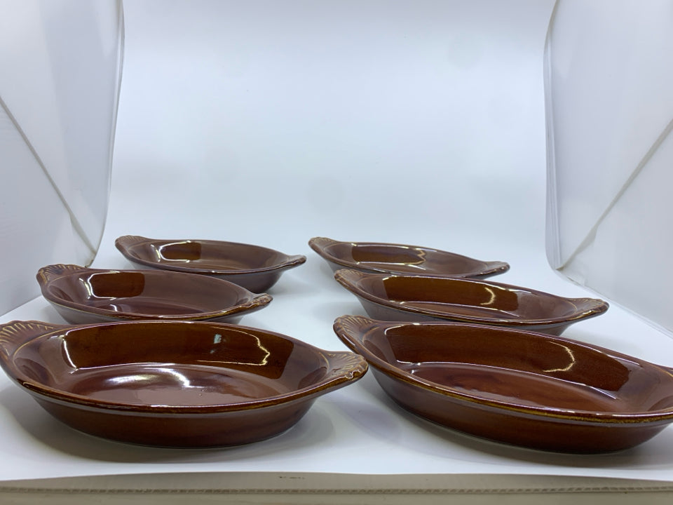 VTG 6 BROWN POTTERY OVAL AU GRATIN DISHES.
