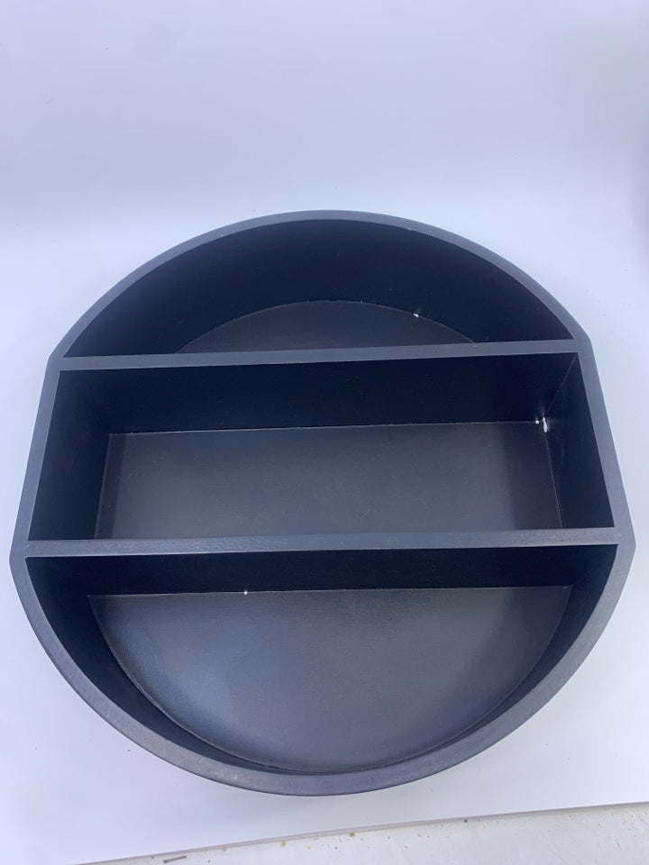 BLACK CIRCLE WALL SHELF W/ 2 CRESCENT MOONS.