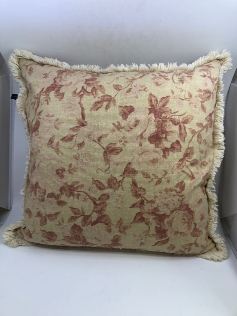 LARGE BEIGE & PINK DECORATIVE PILLOW W/FRINGE.