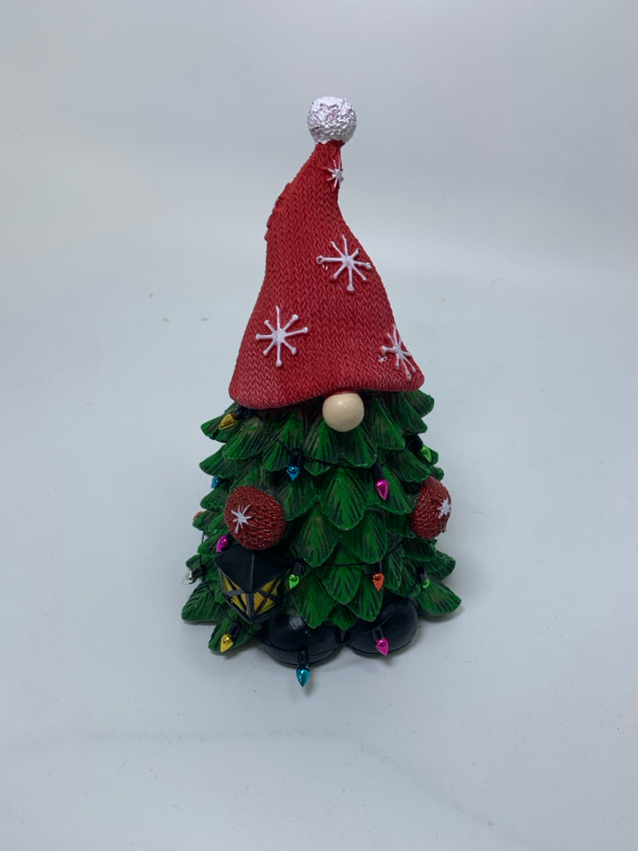 RESIN GNOME DRESSED AS CHRISTMAS TREE DECOR.