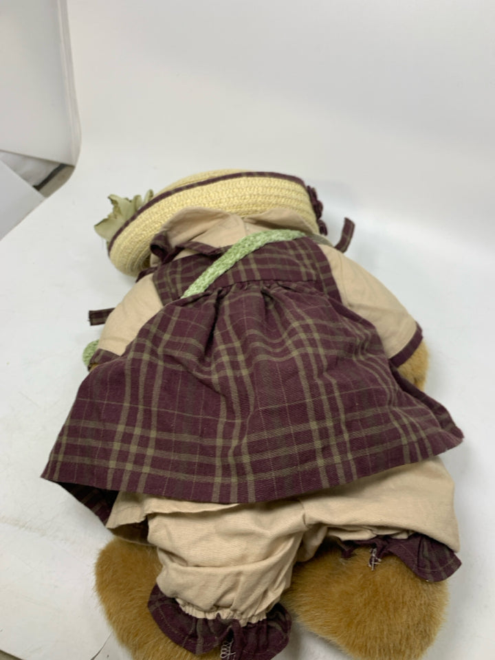 BLONDE BOYDS BEAR IN DARK PLAID DRESS/STRAW HAT.