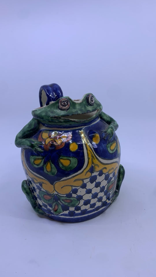 BLUE/GREEN POTTERY FROG PITCHER.