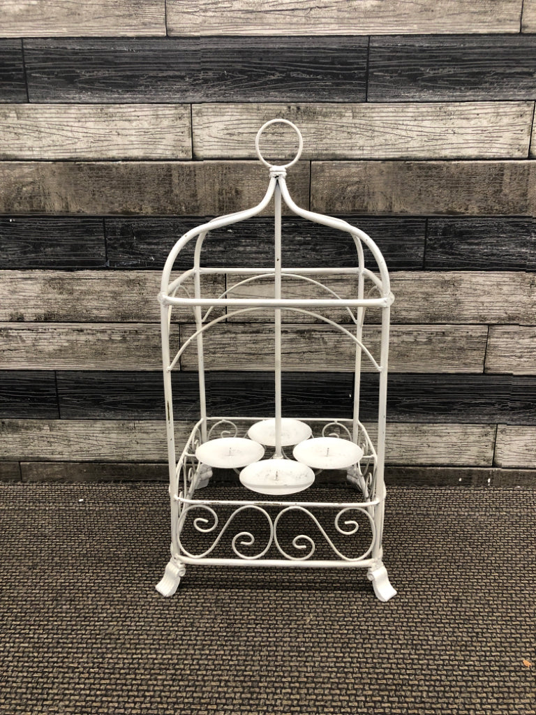 WHITE METAL CANDLE HOLDER BIRDCAGE HANGING CENTERPIECE.