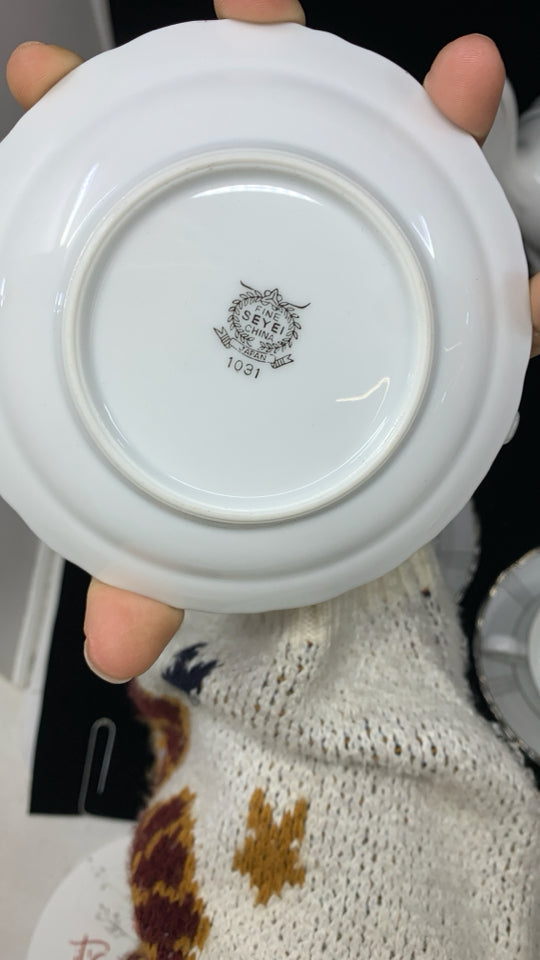 13PC FINE CHINA TEASET WHITE W/SILVER RIM.