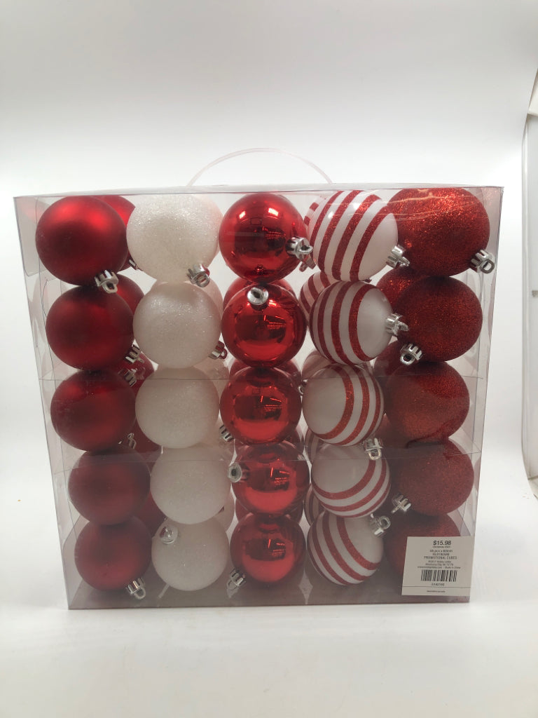NIP 50PC RED/WHITE ORNAMENTS.