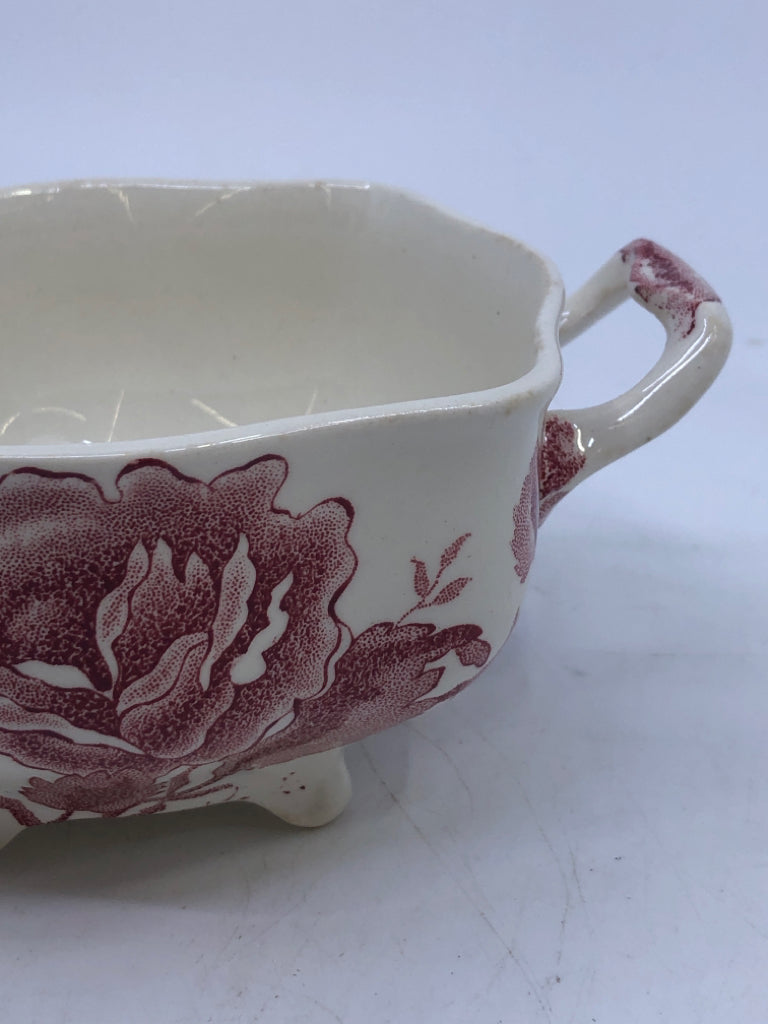 RED ROSE SMALL CERAMIC DISH W/HANDLES.