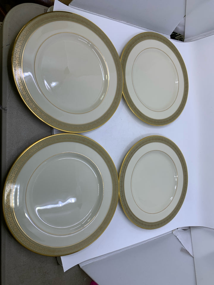 4 GREENFIELD PATTERN DINNER PLATES W/ GREEN EDGE.