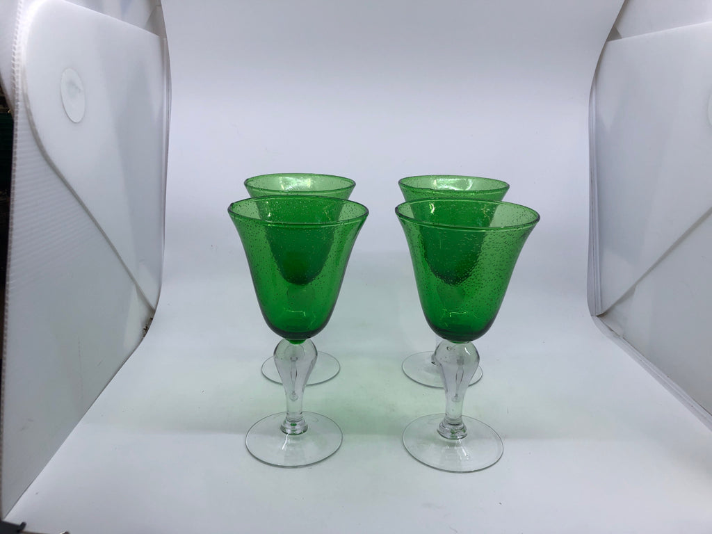 4 LARGE GREEN WINE GLASS GOBLETS.