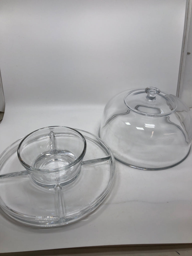 3PC DIVIDED GLASS SERVING DISH W/DOME COVER.