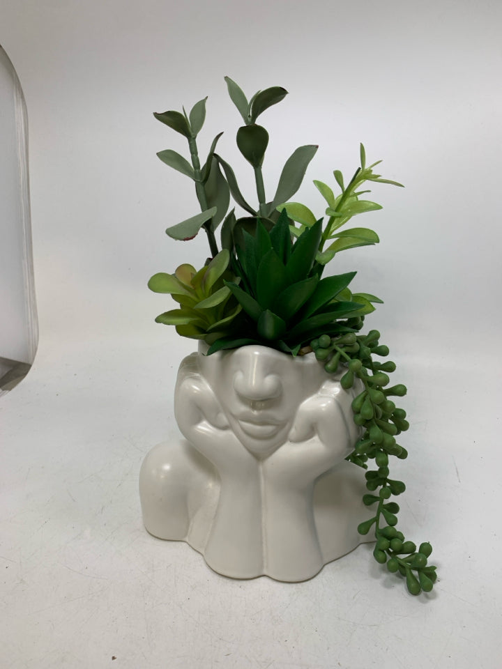 WHITE WOMAN FACE PLANTER W/ FAUX SUCCULENTS.