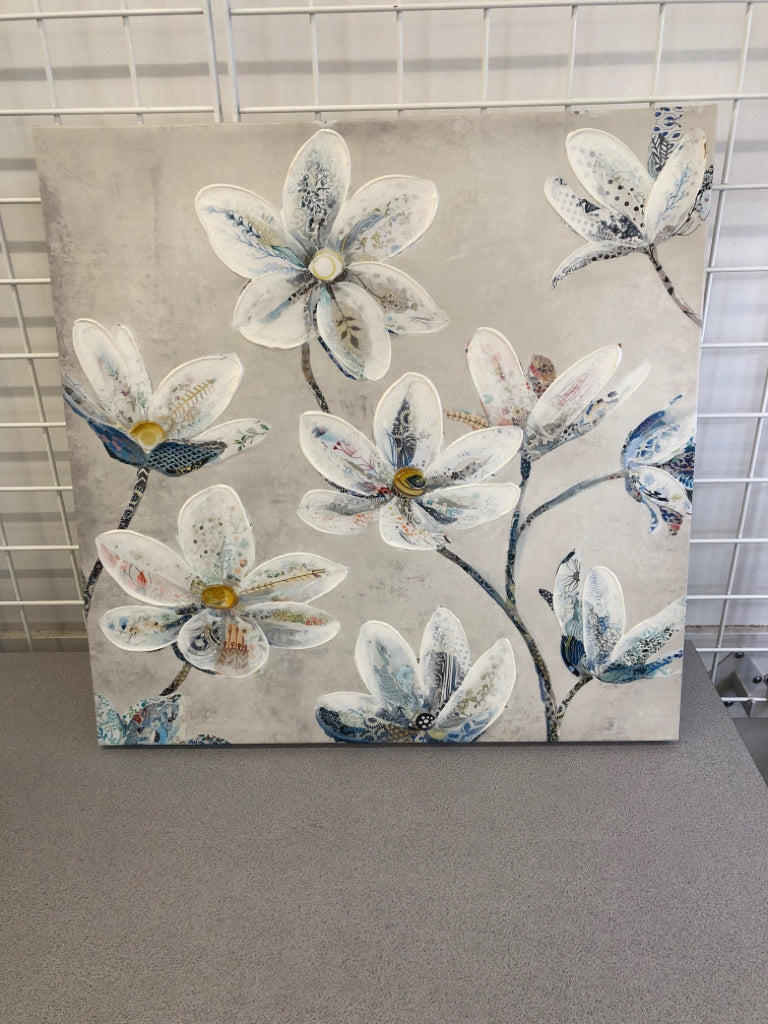 WHITE TEXTURE PAINTED FLOWERS W/BLUE STEMS CANVAS.