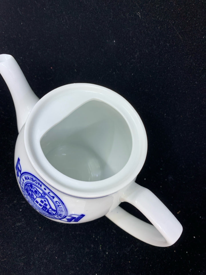 BLUE AND WHITE TEA POT.