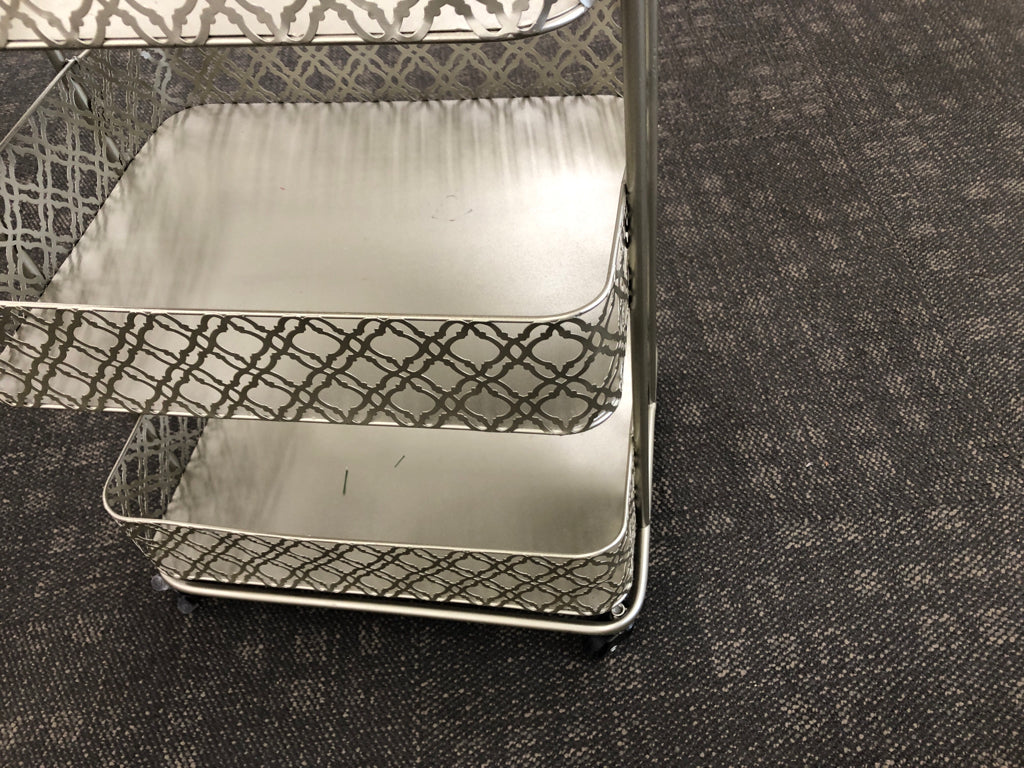 GOLD METAL 3 TIER STORAGE CART ON WHEELS.