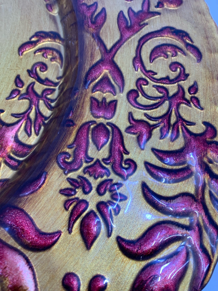 GOLD PLATTER W/RED EMBOSSED LEAVES & RAISED RIM.