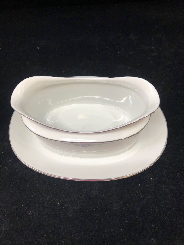 BLUE FLORAL SILVER GRAVY BOAT.