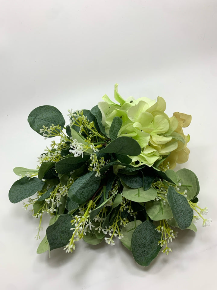 FAUX HYDRANGEA AND GREENS BOUQUET.