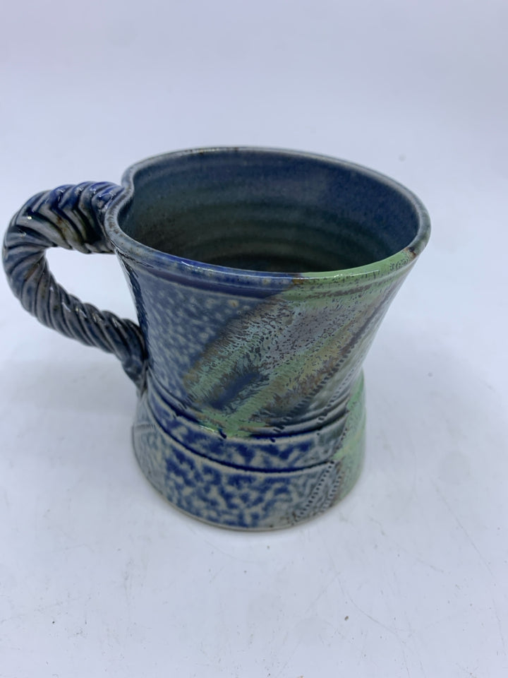 2 BLUE GREEN POTTERY MUG W BRAIDED HANDLE.