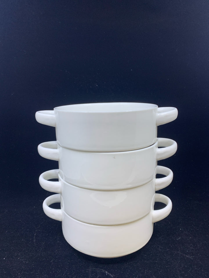 4 STACKABLE SWEESE SOUP BOWLS W HANDLES.