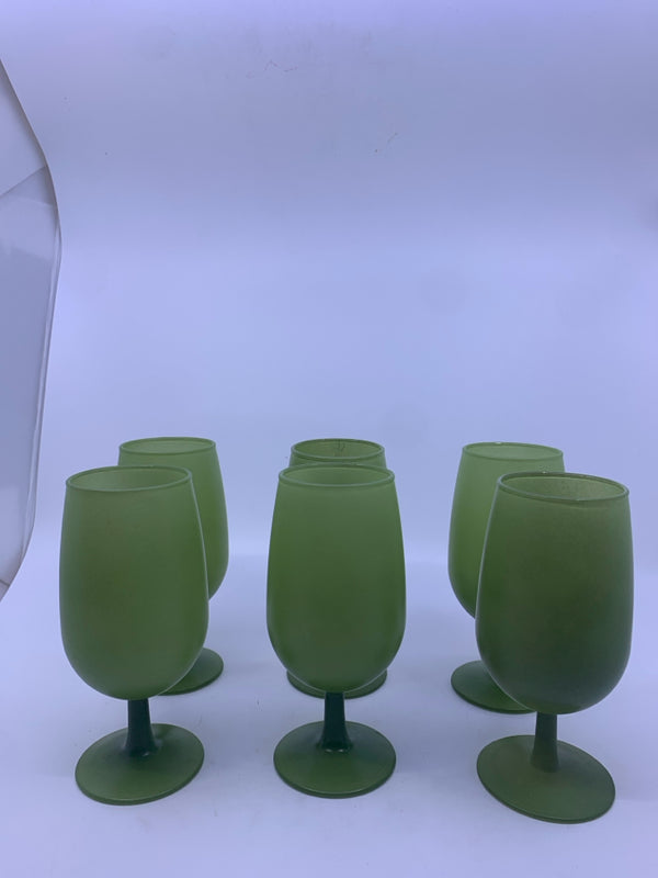 6 FOOTED GREEN FROSTED GLASSES.