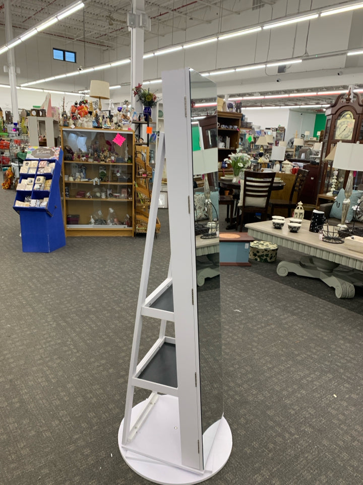 FULL LENGTH BODY MIRROR ON SWIVEL W/ JEWELRY STORAGE.