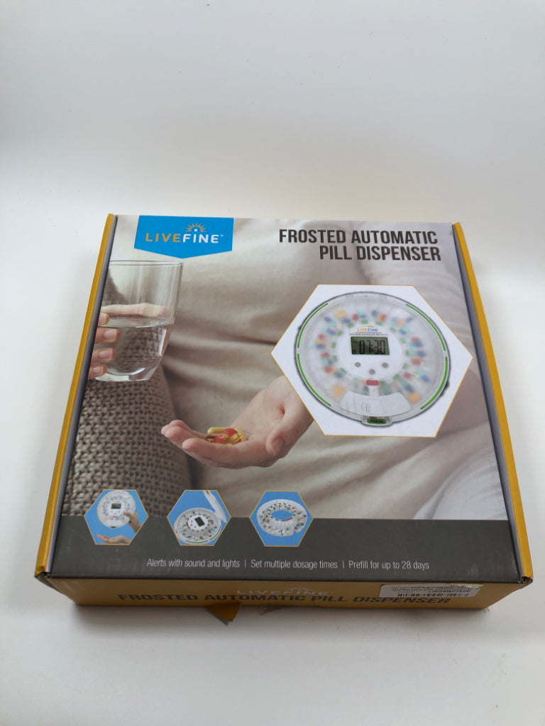 NIB FROSTED AUTOMATIC PILL DISPENSER.