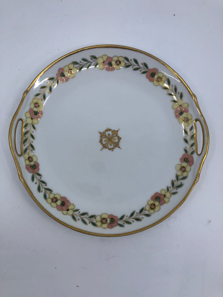 VTG PINK/YELLOW FLORAL RIMMED SERVER W HANDLES.