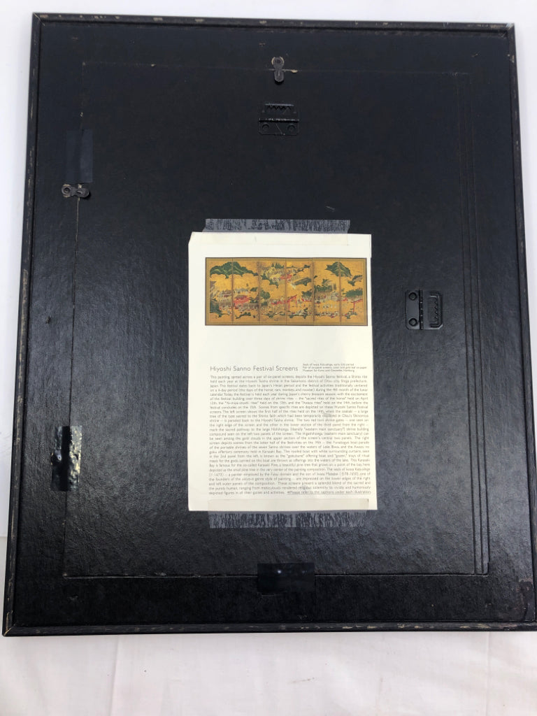 ASIAN STYLE WALL ART IN DARK BROWN FRAME HISTORY ON BACK.