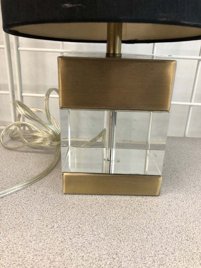 SQUARE GLASS LAMP W/GOLD & BLACK SHADE.