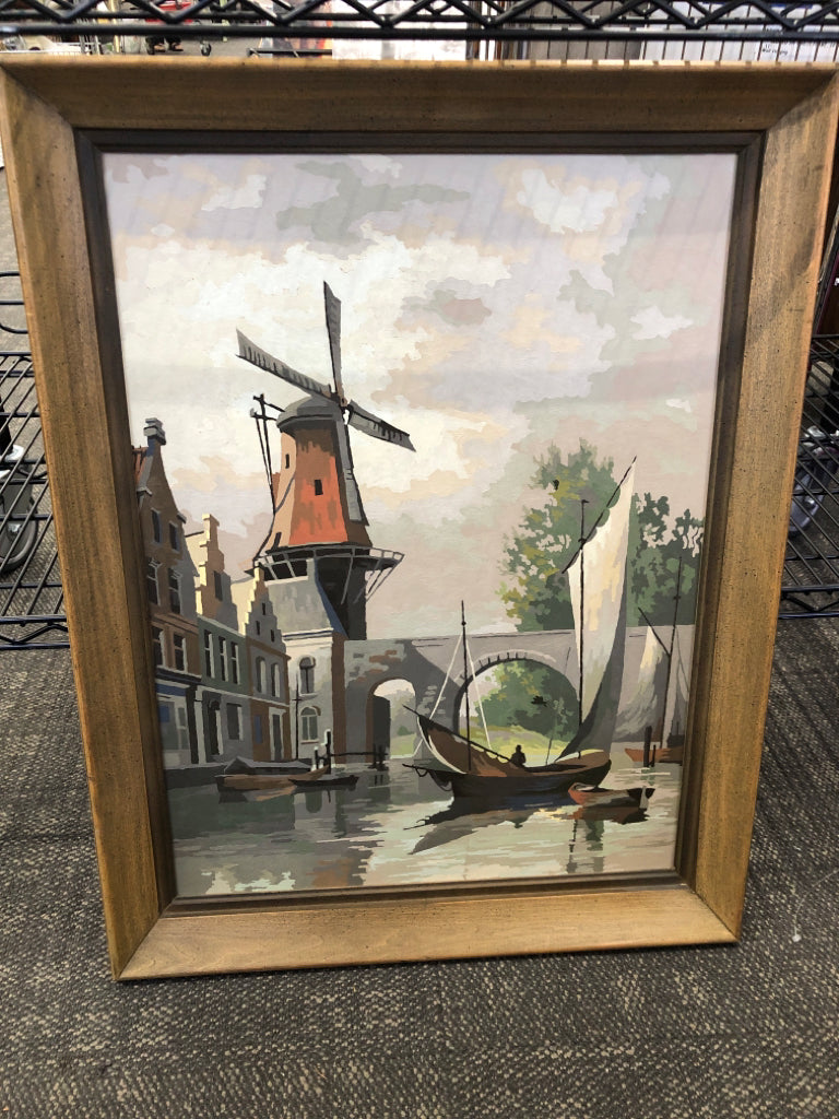 VTG WINDMILL AND BOAT SCENE IN WOOD FRAME WALL ART.