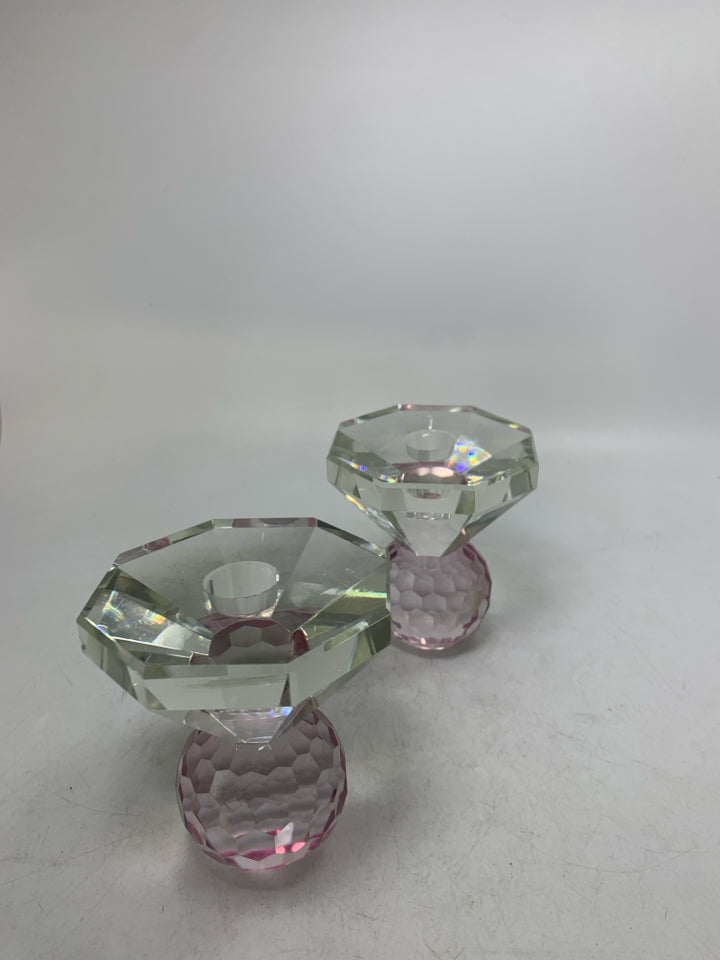 2 HEAVY OCTAGON GLASS TAPERED CANDLE W/ PINK BASE.